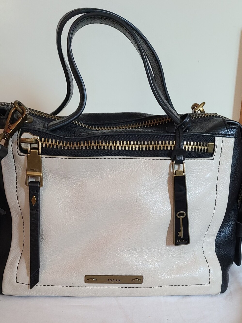 Fossil Black and White Leather Satchel with Gold Hardware